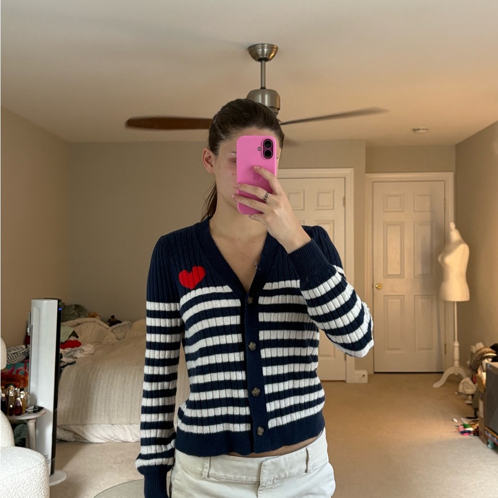Loft Navy and White Striped Women's Sweater with Heart Detail - Picture 2 of 6